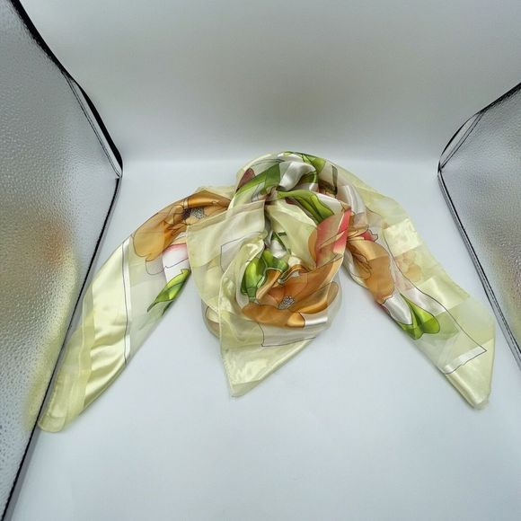 Silk Square Scarf Women 37 x 37 Inches Shawl Wrap floral Yellow - Picture 10 of 11